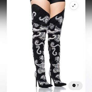 BEADED PEARL EMBELLISHED THIGH HIGH WESTERN BOOT IN BLACK SUEDE